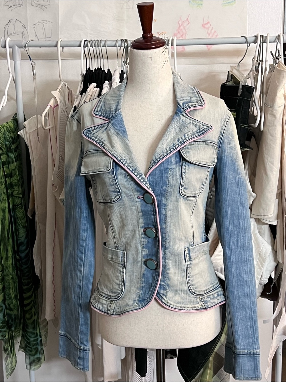 Vintage Wax Jean Light Blue Denim Jacket with Pink Trim